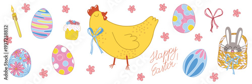 Happy Easter themed isolated vector illustrations of Easter eggs, cute yellow hen, Easter bunny in little basket with blue and pink bows, tiny flowers, candle and Easter cake with decorative topping