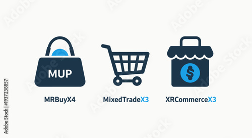 Icons representing e-commerce and shopping concepts: shopping bag, cart, and store with currency symbol for online retail and sales.