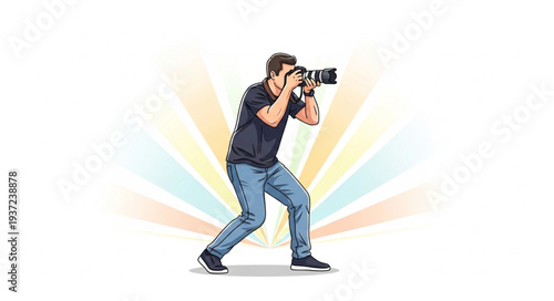 Photographer Holding Camera in Action Pose.