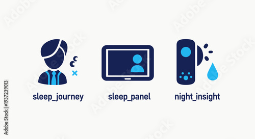 Sleep and health icons: sleep journey, sleep panel, and night insight, representing sleep tracking, analysis, and wellness.