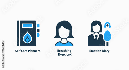 Self-care and wellness icons: planner, breathing exercise, and emotion diary, for mental health, mindfulness, and personal well-being.