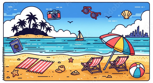 Beach Scene with Lounge Chairs Umbrella and Sand Toys.