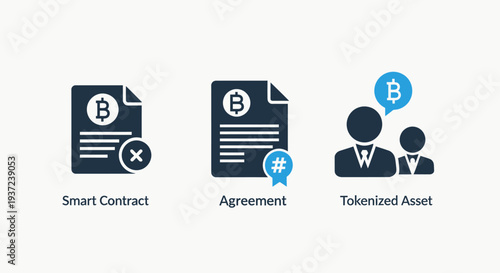 Blockchain and finance icons: smart contract, agreement, and tokenized asset, representing cryptocurrency, digital currency, and digital assets.