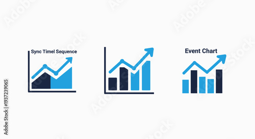Business growth chart icons depicting positive trends, financial data analysis, and upward market movement with rising bar graphs and arrows.
