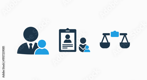 Teamwork and legal balance icons: mentorship, identification card with user, and scales of justice symbolizing partnership, HR, and law.