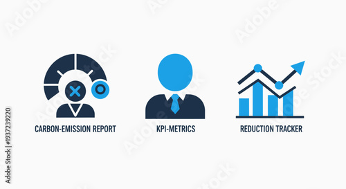 Icons for carbon emission report, KPI metrics, and reduction tracker, illustrating environmental and business performance analysis.