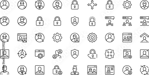 Comprehensive set of user profile and security line icons featuring account avatars login locks settings and web interface elements isolated