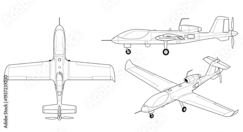 Unmanned Aerial Drone Blueprint Vector – Fixed Wing UAV Aircraft Technical Outline Drawing Isolated on White