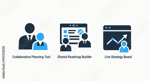 Icons representing collaborative planning, shared roadmaps, and live strategy boards for team management and project development.