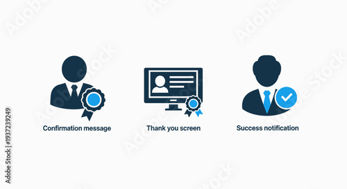 Digital icons for confirmation message, thank you screen, and success notification, symbolizing digital verification and achievement.