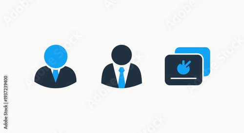 Modern flat icons representing people or users in business contexts, including a simple silhouette and a business person with a tie.