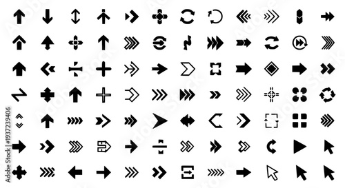 Arrows set with various black directions and styles featuring arrow, direction, navigation with pointer and cursor