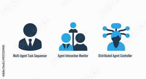 Icons representing multi-agent systems, task management, and distributed control for business and technology concepts.