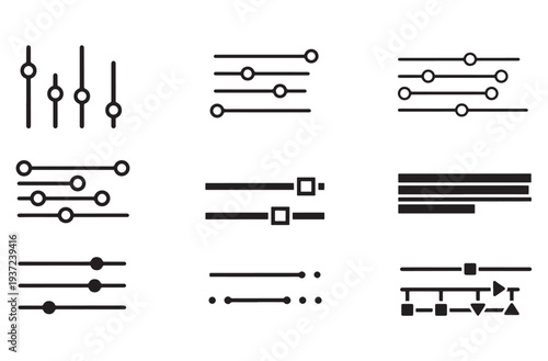 Set of equalizer and sound mixer control panel vector icons for music production and audio settings adjustment interface