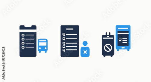 Icons representing travel planning, booking, and cancellations for transportation services.
