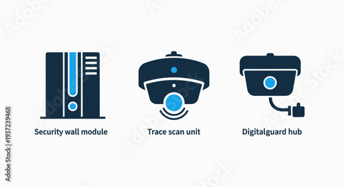Icons for security systems, including a server module, surveillance camera, and trace scanning technology.