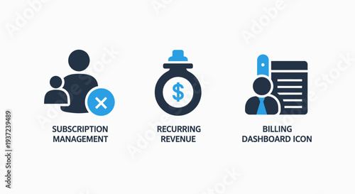 Modern business icons for subscription management, recurring revenue, and billing dashboard in flat design style.