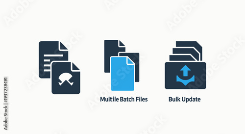 Icons representing file batch processing, multiple files, and bulk updates for digital document management and data transfer.