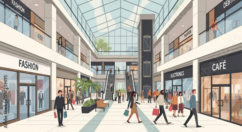 Modern Shopping Mall Interior with People Walking.