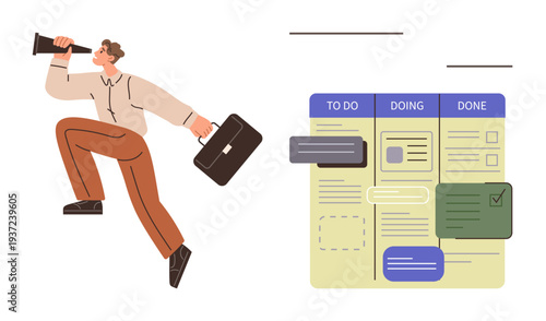 Project management, workflow organization, career development, opportunity search, productivity, task prioritization. Man holding telescope and briefcase next to a Kanban board. Project management