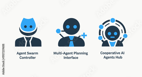 Modern flat icons for AI and multi-agent systems: Controller, Planning Interface, and Agents Hub. Illustrates artificial intelligence, teamwork, and cooperative systems.