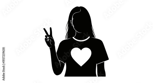 Silhouette of a woman with long hair wearing a t shirt with a large heart symbol making a peace sign with her hand