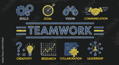 Teamwork and business success concept with icons on chalkboard