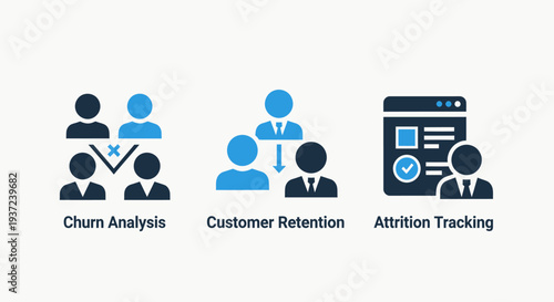 Customer Analytics Icons: Churn, Retention, Attrition Tracking, Business Growth