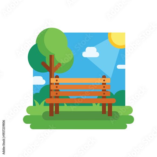 Colorful park bench illustration in sunny nature landscape with trees and moon