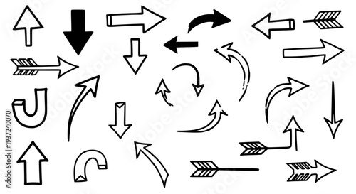 Arrows hand drawn set with black curved lines and various directions featuring direction, vector, illustration with