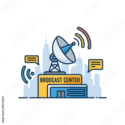 Broadcast center with satellite dish transmitting global communication signals flat vector illustration