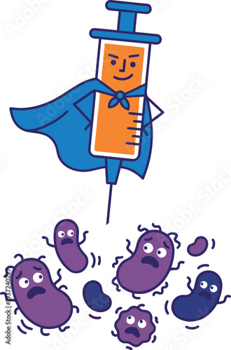A creative vector illustration of a superhero medical syringe with a blue cape fighting and neutralizing purple virus germs. 