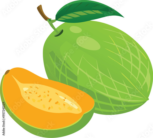 Green mango fruit with leaf and sliced mango isolated on transparent background