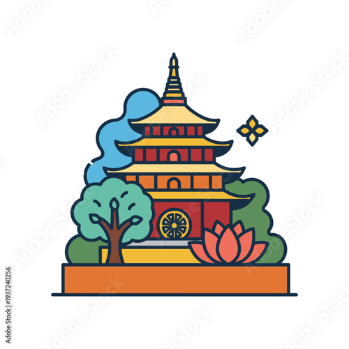 Traditional Asian pagoda temple illustration with lotus flower and clouds vector art