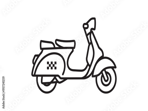 A black line drawing of a classic scooter with a single seat and a storage compartment