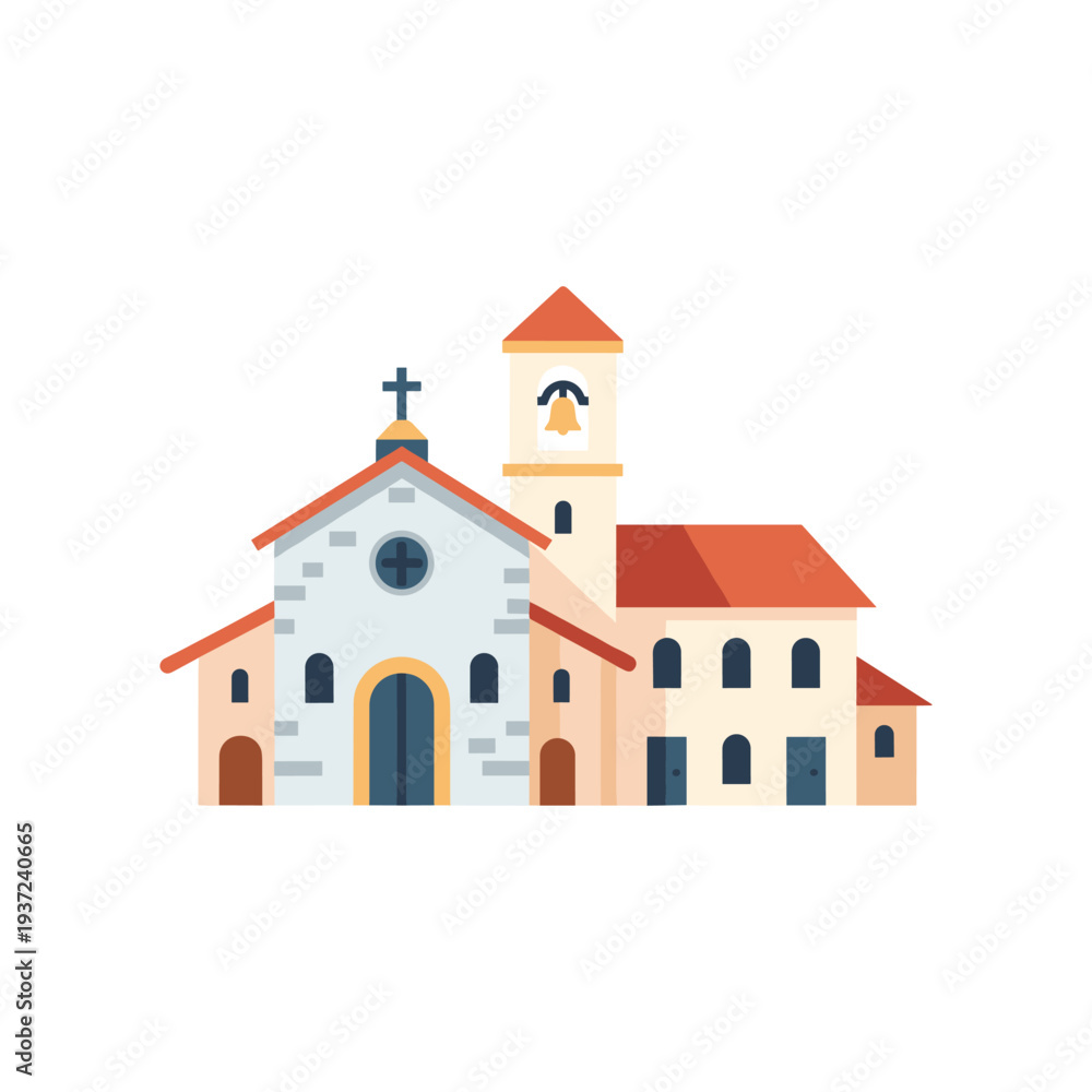 Naklejka premium White mission church with bell tower in sunny village illustration