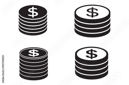  Set of four black vector icons of stacked dollar coins representing money, wealth, finance, and investment on a transparent background