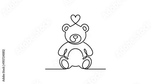 Teddy Bear with Heart One-Line Icon, Single Continuous Line Cute Toy Love Outline