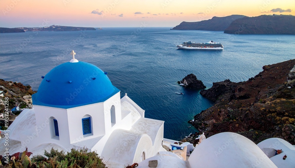 Fototapeta premium Santorini view with blue‑domed church, whitewashed buildings, cross on dome, Aegean Sea, cruise ship, cliffs, caldera rim, soft sunset sky, iconic Cycladic coastal architecture.