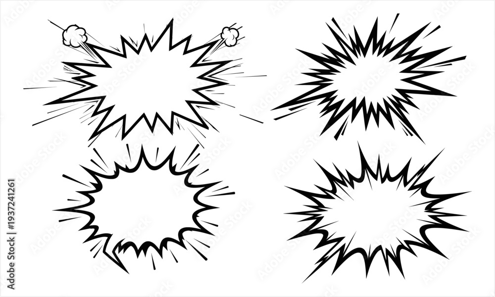 Obraz premium Set of four hand-drawn comic explosion speech bubbles.