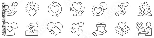 Charity icons. Volunteering. Donation. Support. Giving. Friendly handshake.  Editable stroke. Vector illustration