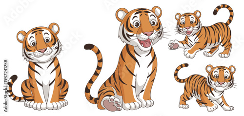 Cute cartoon tiger cub characters collection with playful poses, adorable baby animals, vector illustration set isolated, perfect for children’s books, stickers, posters, educational materials, and cr