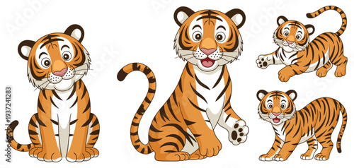 Cute cartoon tiger cub characters collection with playful poses, adorable baby animals, vector illustration set isolated, perfect for children’s books, stickers, posters, educational materials, and cr