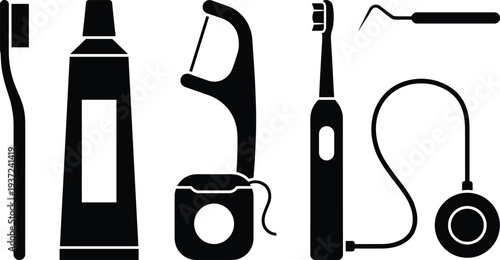 Dental care tools collection, flat vector illustration of toothbrush, toothpaste, floss, electric toothbrush and scaler icons set