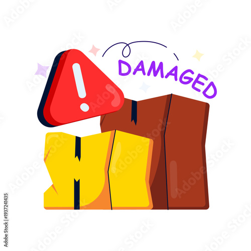 Carton with alert sign, concept of damage parcel