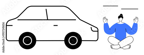 Transportation, mindfulness, wellness, mental health, lifestyle balance, relaxation practice. Minimal line art of a car next to a meditating person. Transportation and mindfulness visually