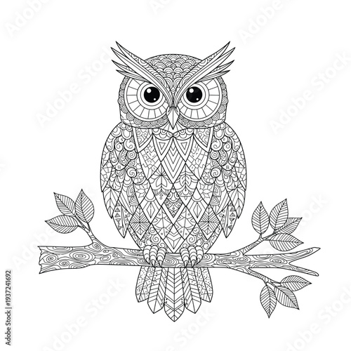 A detailed illustration of an owl perched on a branch
