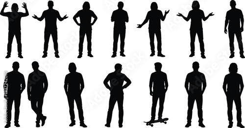 Silhouette people standing poses, gesture collection, human figures, diverse postures, skateboard silhouette, lifestyle concept, illustration design, black silhouettes, vector art, communication