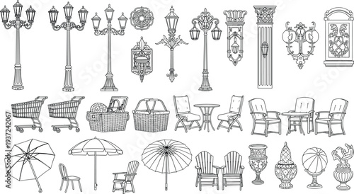 Silhouette, outdoor, decor, furniture, street lamps, lanterns, columns, baskets, chairs, tables, umbrellas, urns, statues, garden, patio, design, art, illustration, abstract, lifestyle, concept