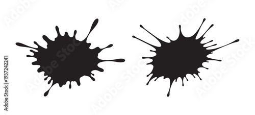 Set of two black ink splash and paint splatter vector silhouettes for creative design